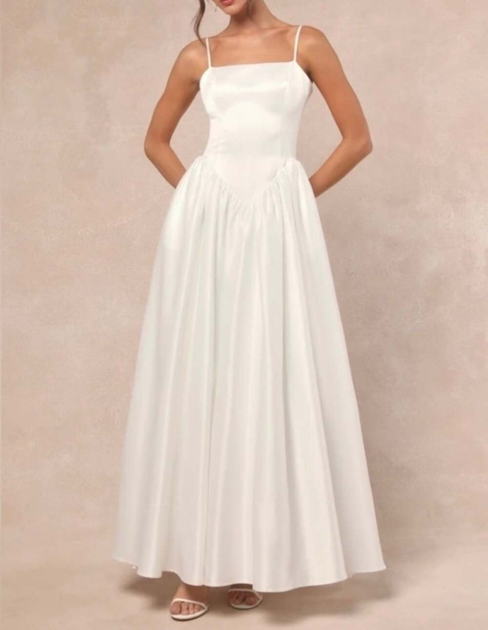 NWT Lulus Bria White Basque Waist Maxi Dress Satin Bridal Gown Pockets XS